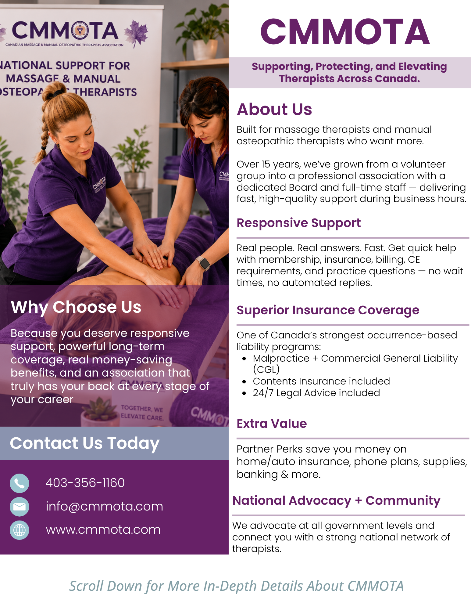 Promotional CMMOTA graphic featuring two therapists in purple CMMOTA-branded shirts providing treatment to a client covered with a purple blanket. A CMMOTA banner is visible in the background displaying the association logo and the words “National Support for Massage & Manual Osteopathic Therapists.” Large heading at the top reads: CMMOTA Supporting, Protecting, and Elevating Therapists Across Canada. The graphic includes the following text: About Us Built for massage therapists and manual osteopathic therapists who want more. Over 15 years, we’ve grown from a volunteer group into a professional association with a dedicated Board and full-time staff delivering fast, high-quality support during business hours. Responsive Support Real people. Real answers. Fast. Get quick help with membership, insurance, billing, CE requirements, and practice questions — no wait times, no automated replies. Superior Insurance Coverage One of Canada’s strongest occurrence-based liability programs: • Malpractice + Commercial General Liability (CGL) • Contents Insurance included • 24/7 Legal Advice included Extra Value Partner Perks save you money on home/auto insurance, phone plans, supplies, banking and more. National Advocacy + Community We advocate at all government levels and connect you with a strong national network of therapists. A highlighted section reads: Why Choose Us Because you deserve responsive support, powerful long-term coverage, real money-saving benefits, and an association that truly has your back at every stage of your career. Contact information displayed at the bottom: Contact Us Today Phone: 403-356-1160 Email: info@cmmota.com Website: www.cmmota.com Footer text reads: Scroll Down for More In-Depth Details About CMMOTA.
